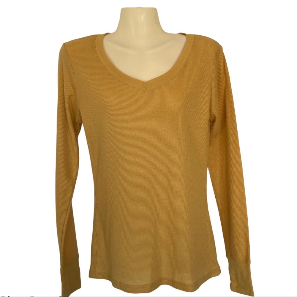 Col Story Thermal Waffle Knit Top V-Neck Layering Top Comfy Mustard Yellow Large